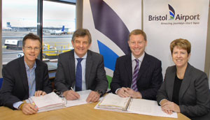 Representatives of Bristol Airport and SELEX Systems Integration sign PSR contract